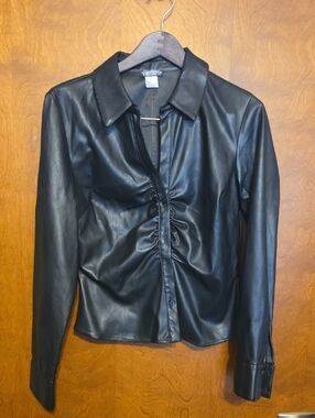 VENUS Black Faux Leather Ruched Front Button Jacket